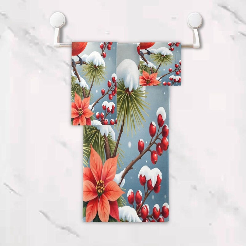 Dussdil Christmas Flowers Winter Cardinals Bathroom Towel Set of 3 Pcs Poinsettia Hand Fingertip Towels 1 Bath Towel 1 Hand Towel 1 Washcloth for Home Bathroom Beach Swim Soft Highly Absorbent Decor - Image 4